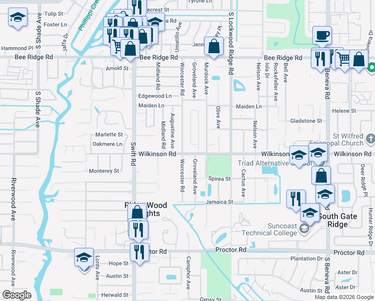 map of restaurants, bars, coffee shops, grocery stores, and more near 4416 Groveland Avenue in Sarasota