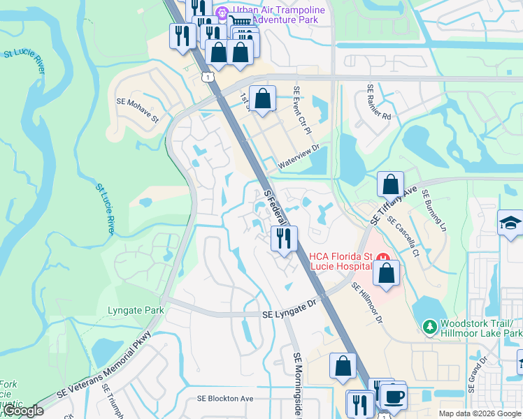 map of restaurants, bars, coffee shops, grocery stores, and more near 1621 Southeast Green Acres Circle in Port St. Lucie