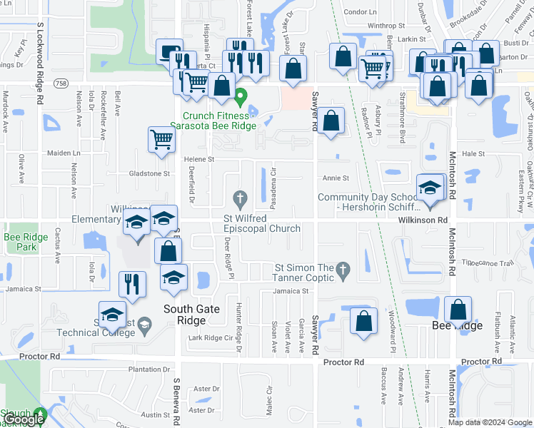 map of restaurants, bars, coffee shops, grocery stores, and more near 4385 Pasadena Circle in Sarasota