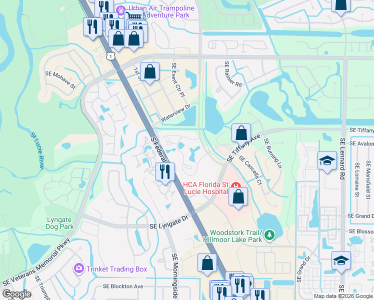 map of restaurants, bars, coffee shops, grocery stores, and more near 1509 Southeast Royal Green Circle in Port St. Lucie