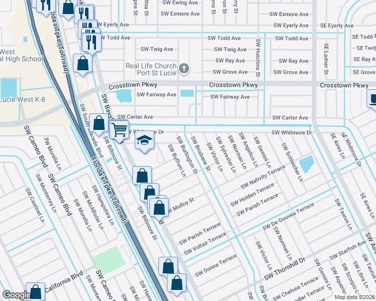 map of restaurants, bars, coffee shops, grocery stores, and more near 1649 Southwest Burlington Street in Port St. Lucie