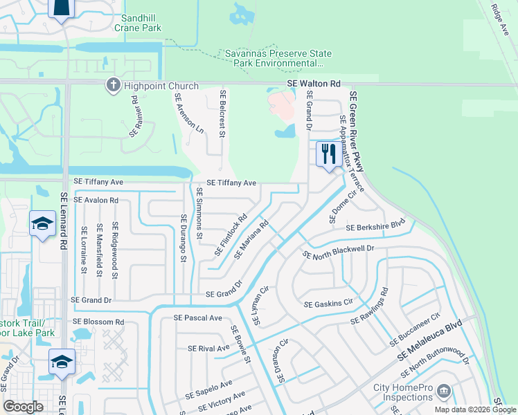 map of restaurants, bars, coffee shops, grocery stores, and more near 1551 Southeast Flintlock Road in Port St. Lucie