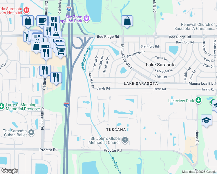 map of restaurants, bars, coffee shops, grocery stores, and more near 6398 Samoa Drive in Sarasota