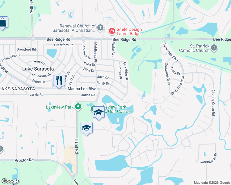map of restaurants, bars, coffee shops, grocery stores, and more near 7325 Rangi Drive in Sarasota