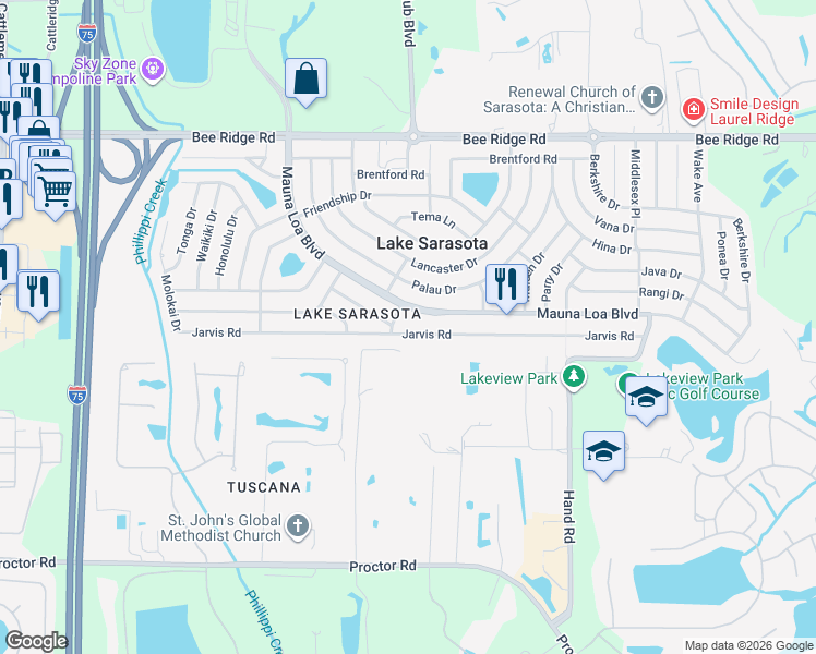 map of restaurants, bars, coffee shops, grocery stores, and more near 6812 Mauna Loa Boulevard in Sarasota