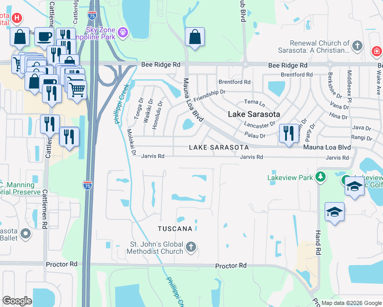 map of restaurants, bars, coffee shops, grocery stores, and more near 6534 Samoa Drive in Sarasota