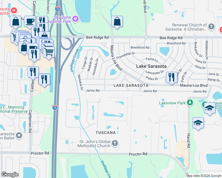 map of restaurants, bars, coffee shops, grocery stores, and more near 6534 Samoa Drive in Sarasota