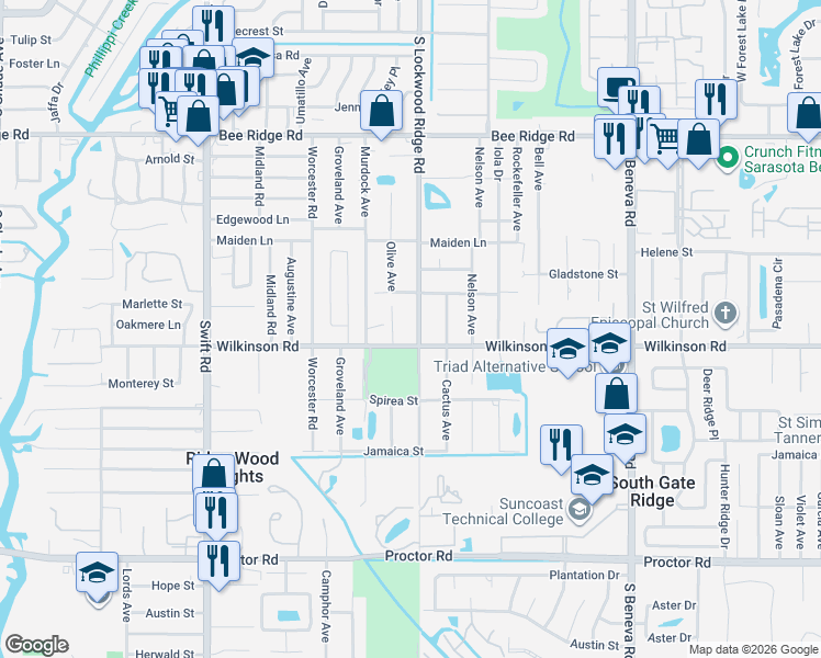 map of restaurants, bars, coffee shops, grocery stores, and more near 4340 South Lockwood Ridge Road in Sarasota