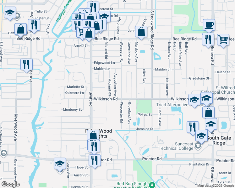 map of restaurants, bars, coffee shops, grocery stores, and more near 4311 Augustine Avenue in Sarasota