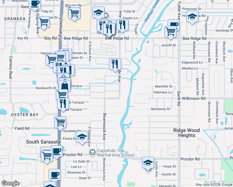 map of restaurants, bars, coffee shops, grocery stores, and more near 2393 Aubrey Lane in Sarasota