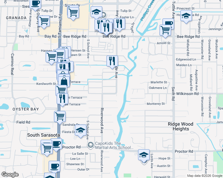 map of restaurants, bars, coffee shops, grocery stores, and more near 2393 Aubrey Lane in Sarasota