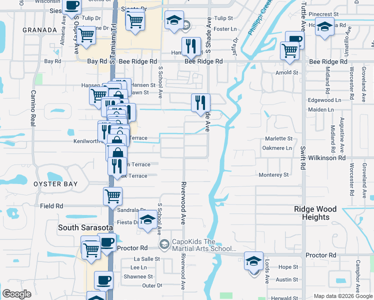 map of restaurants, bars, coffee shops, grocery stores, and more near 2319 Aubrey Lane in Sarasota
