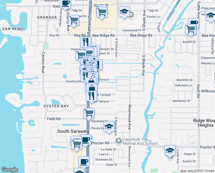 map of restaurants, bars, coffee shops, grocery stores, and more near 2105 Worrington Street in Sarasota