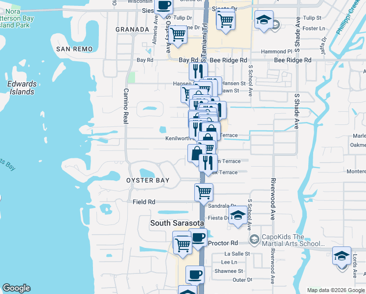 map of restaurants, bars, coffee shops, grocery stores, and more near 1816 Kenilworth Street in Sarasota