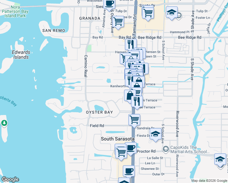 map of restaurants, bars, coffee shops, grocery stores, and more near 1816 Kenilworth Street in Sarasota