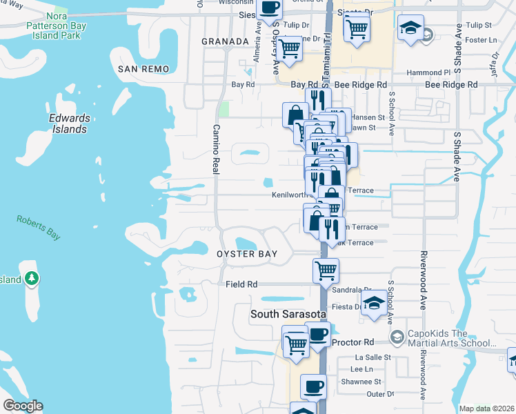 map of restaurants, bars, coffee shops, grocery stores, and more near 1706 Kenilworth Street in Sarasota