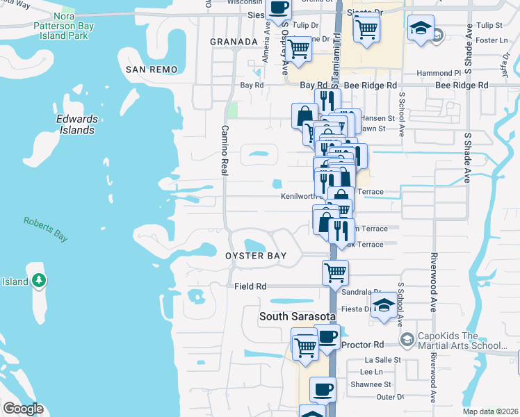 map of restaurants, bars, coffee shops, grocery stores, and more near 1706 Kenilworth Street in Sarasota