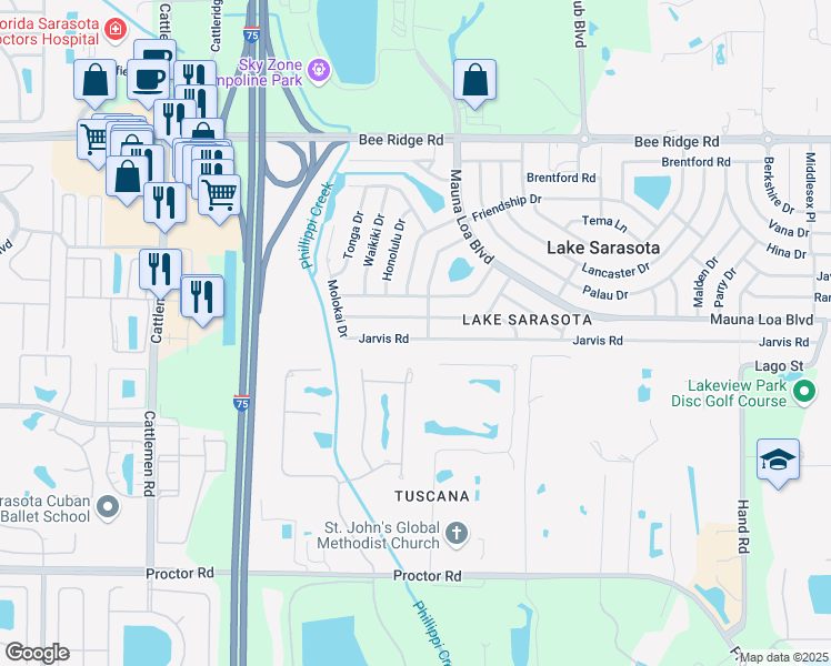 map of restaurants, bars, coffee shops, grocery stores, and more near 4244 Lanai Drive in Sarasota