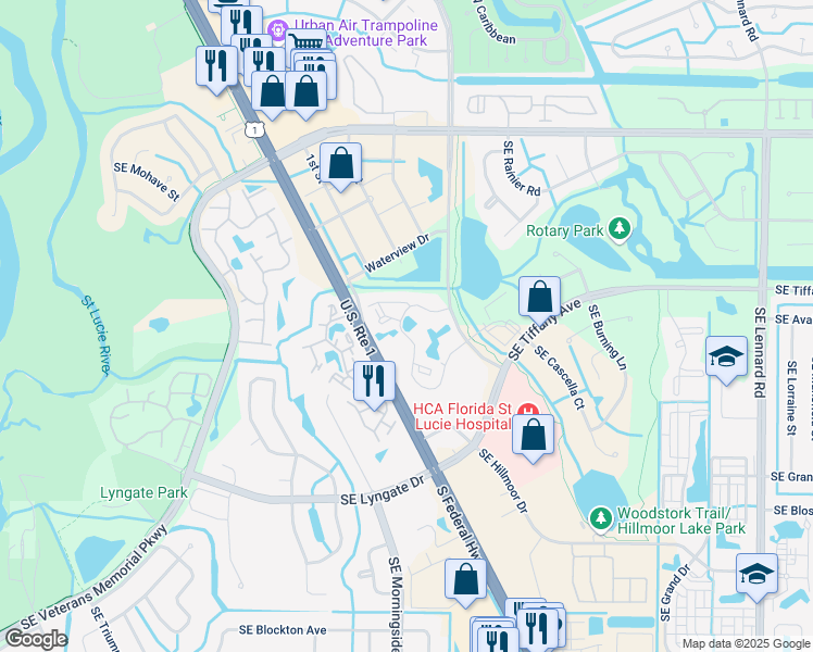 map of restaurants, bars, coffee shops, grocery stores, and more near 1504 Southeast Royal Green Circle in Port St. Lucie
