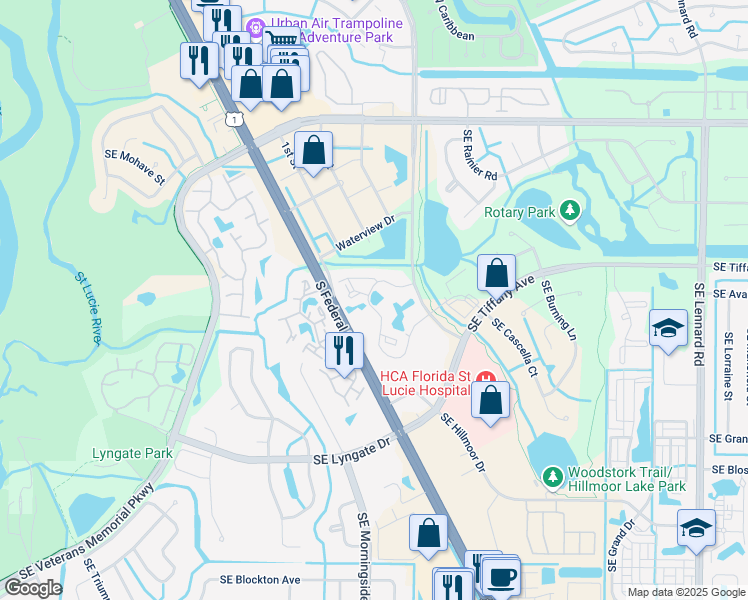 map of restaurants, bars, coffee shops, grocery stores, and more near 1504 Southeast Royal Green Circle in Port St. Lucie