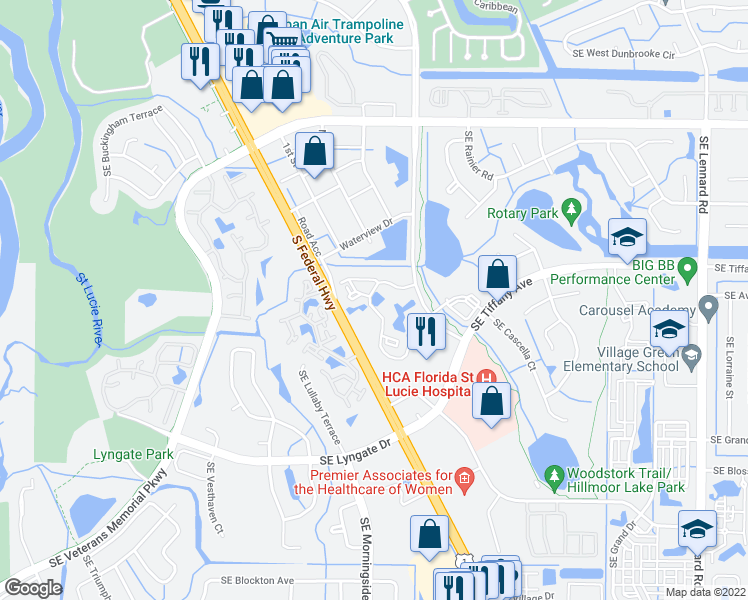 map of restaurants, bars, coffee shops, grocery stores, and more near 1504 Southeast Royal Green Circle in Port St. Lucie