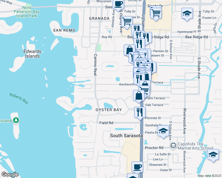 map of restaurants, bars, coffee shops, grocery stores, and more near 1706 Kenilworth Street in Sarasota