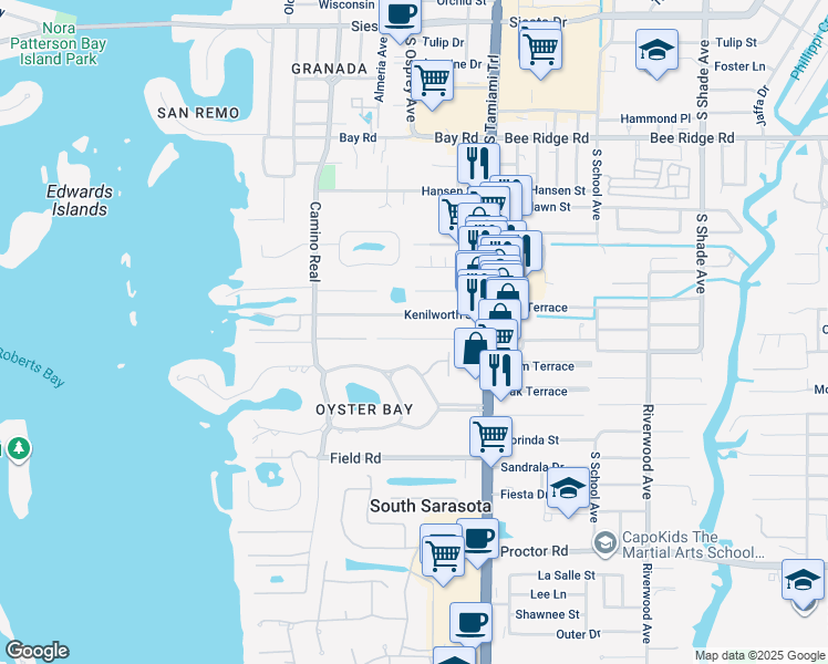 map of restaurants, bars, coffee shops, grocery stores, and more near 1816 Kenilworth Street in Sarasota