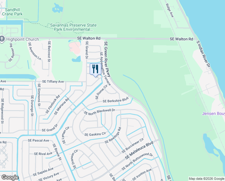 map of restaurants, bars, coffee shops, grocery stores, and more near 1582 Southeast Dome Circle in Port St. Lucie