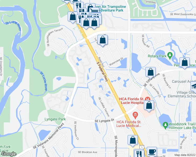 map of restaurants, bars, coffee shops, grocery stores, and more near 1606 Southeast Green Acres Circle in Port St. Lucie