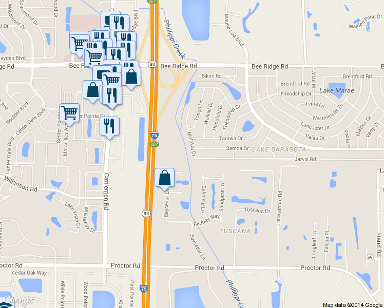 map of restaurants, bars, coffee shops, grocery stores, and more near 4290 Molokai Drive in Sarasota