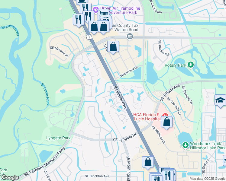 map of restaurants, bars, coffee shops, grocery stores, and more near 1630 Southeast Green Acres Circle in Port St. Lucie