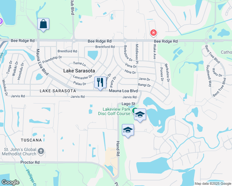 map of restaurants, bars, coffee shops, grocery stores, and more near 7086 Mauna Loa Boulevard in Sarasota