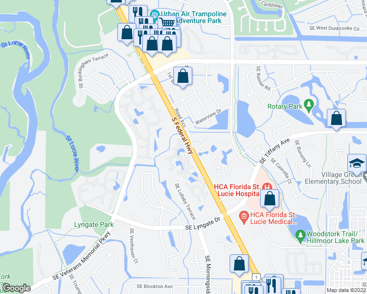 map of restaurants, bars, coffee shops, grocery stores, and more near 1621 Southeast Green Acres Circle in Port St. Lucie