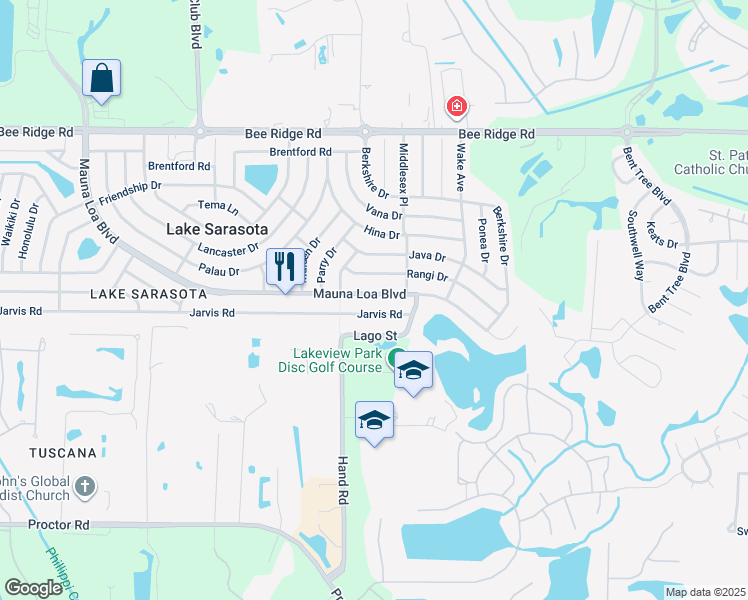 map of restaurants, bars, coffee shops, grocery stores, and more near 7138 Mauna Loa Boulevard in Sarasota