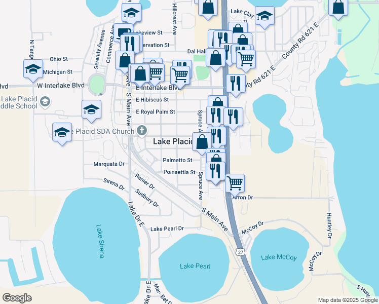 map of restaurants, bars, coffee shops, grocery stores, and more near 302 Plumosa Street in Lake Placid