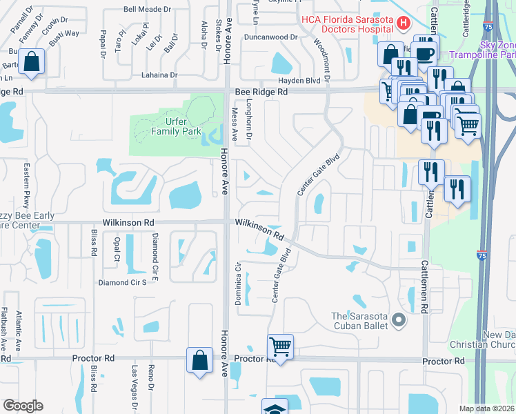 map of restaurants, bars, coffee shops, grocery stores, and more near 5371 Crestlake Boulevard in Sarasota