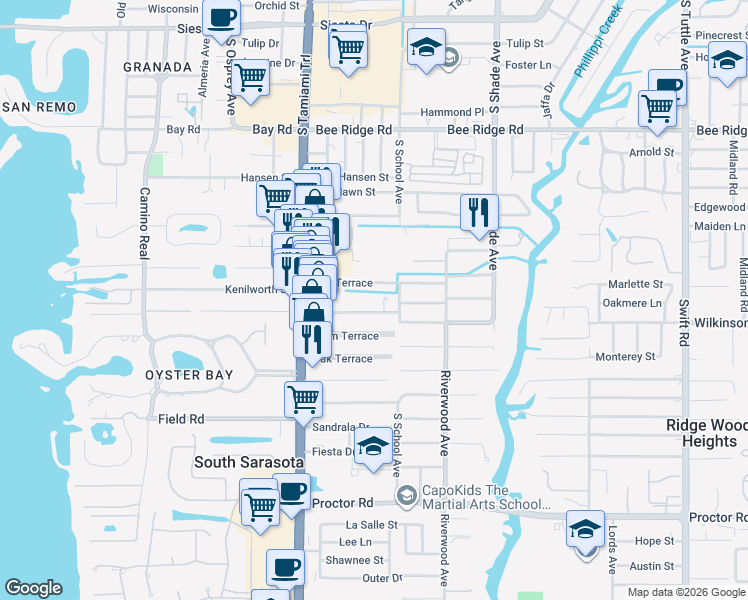 map of restaurants, bars, coffee shops, grocery stores, and more near 2137 Worrington Street in Sarasota