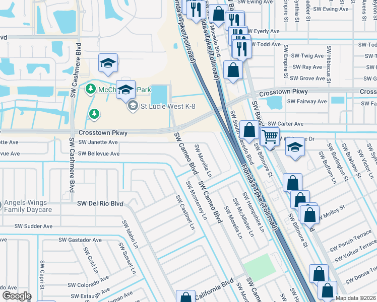 map of restaurants, bars, coffee shops, grocery stores, and more near 1617 Southwest Cameo Boulevard in Port St. Lucie