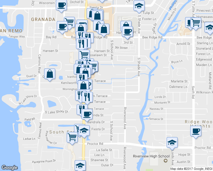 map of restaurants, bars, coffee shops, grocery stores, and more near 2137 Worrington Street in Sarasota