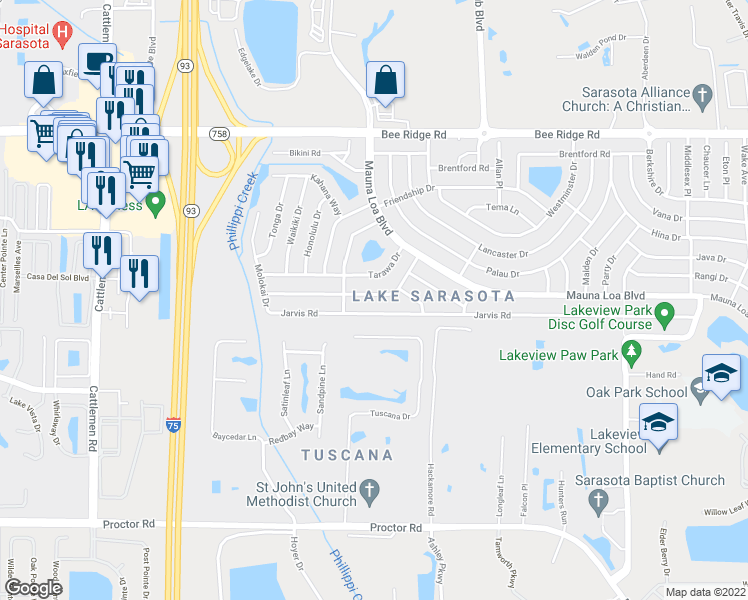 map of restaurants, bars, coffee shops, grocery stores, and more near 6534 Samoa Drive in Sarasota