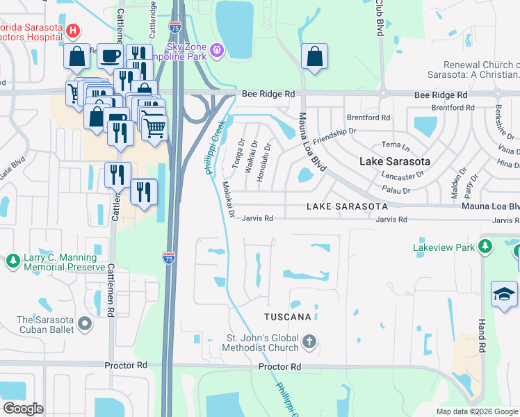 map of restaurants, bars, coffee shops, grocery stores, and more near 6398 Samoa Drive in Sarasota