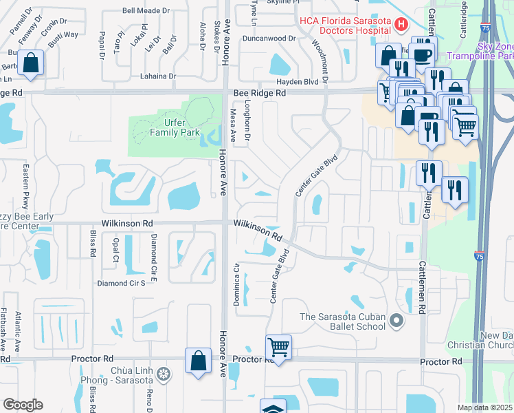 map of restaurants, bars, coffee shops, grocery stores, and more near 5364 Crestlake Boulevard in Sarasota