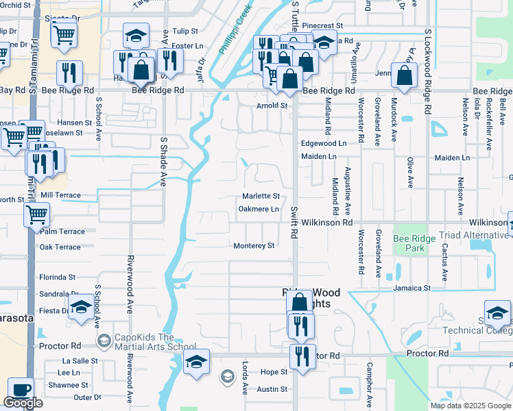 map of restaurants, bars, coffee shops, grocery stores, and more near 2665 Oakmere Lane in Sarasota