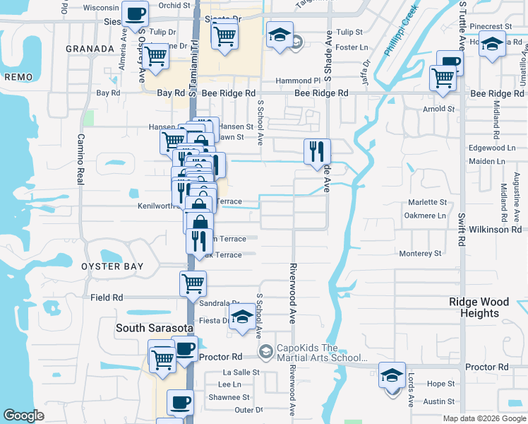 map of restaurants, bars, coffee shops, grocery stores, and more near 2259 Worrington Street in Sarasota