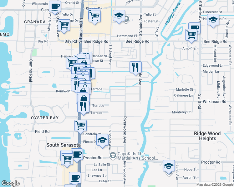 map of restaurants, bars, coffee shops, grocery stores, and more near 2259 Worrington Street in Sarasota