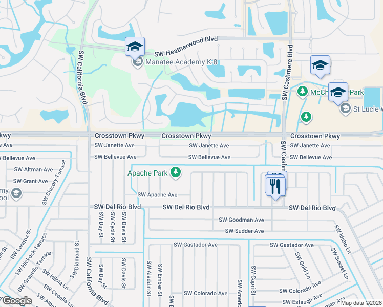 map of restaurants, bars, coffee shops, grocery stores, and more near 1331 Southwest Bellevue Avenue in Port St. Lucie