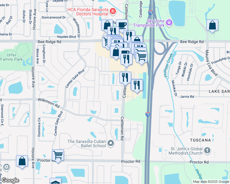 map of restaurants, bars, coffee shops, grocery stores, and more near 4378 Madeira Court in Sarasota