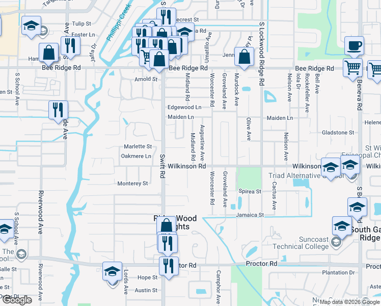 map of restaurants, bars, coffee shops, grocery stores, and more near 4312 Midland Road in Sarasota