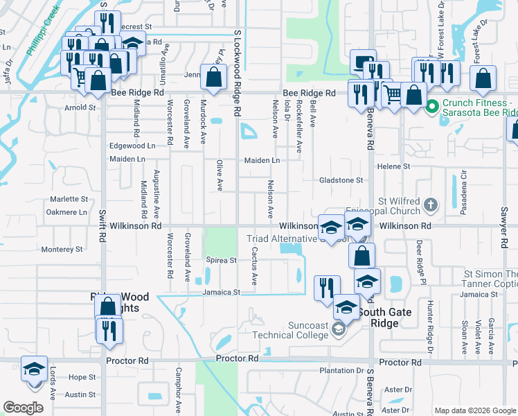 map of restaurants, bars, coffee shops, grocery stores, and more near 4329 Cactus Avenue in Sarasota