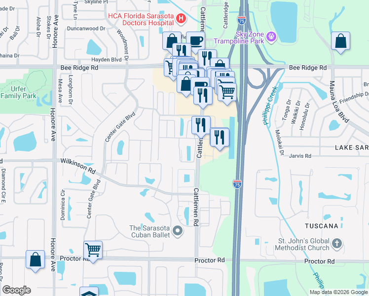 map of restaurants, bars, coffee shops, grocery stores, and more near 4376 Madeira Court in Sarasota